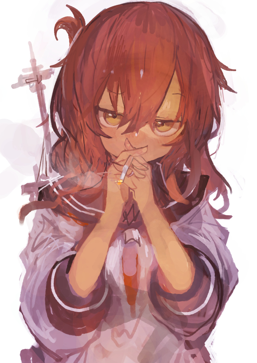 1girl absurdres blue_sailor_collar brown_eyes brown_hair cigarette folded_ponytail hair_between_eyes highres holding holding_cigarette inazuma_(kancolle) jitome kaamin_(mariarose753) kantai_collection looking_at_viewer medium_hair neckerchief raised_eyebrow red_neckerchief rigging sailor_collar school_uniform serafuku shirt sleeves_past_elbows smoking solo upper_body white_background white_shirt