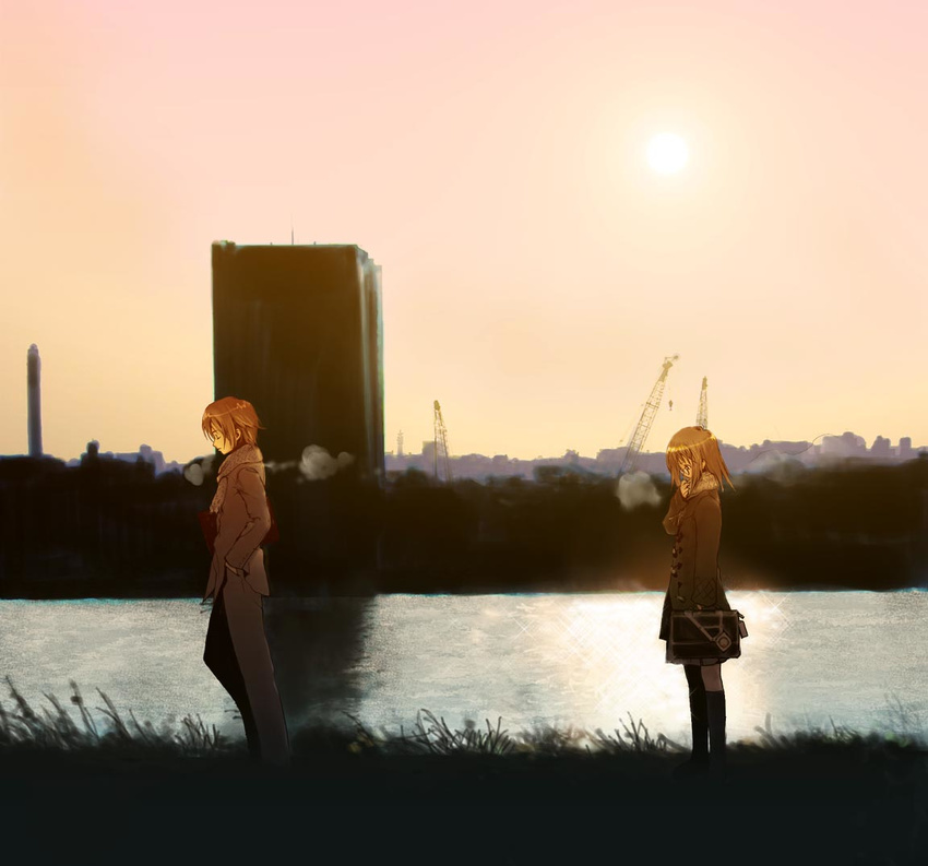 1girl brown_hair city closed_eyes crane glasses grass kurihara_touko non-web_source peaceful river sky tenshi_no_inai_12-gatsu