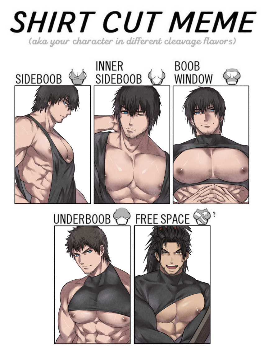 3boys abs absurdres adventurer_(ff14) ardbert_hylfyst bara bare_pectorals black_shirt black_tank_top blue_eyes closed_mouth clothes_lift clothing_cutout english_text facial_hair final_fantasy final_fantasy_xiv hien_rijin highres hyur large_pectorals long_hair looking_at_viewer male_focus meme multiple_boys multiple_drawing_challenge muscular muscular_male navel nipples one_eye_closed open_mouth pectorals shirt shirt_cut_meme shirt_lift sidepec smile tank_top twitter_username underpec upper_body warrior_of_light_(ff14) zanki
