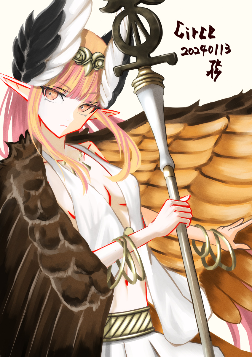1girl absurdres armlet bare_shoulders bracelet breasts brown_wings character_name circe_(fate) cleavage dated dress fate/grand_order fate_(series) feathered_wings head_wings highres holding holding_staff jewelry long_hair looking_at_viewer navel necklace pink_hair pointy_ears sidelocks simple_background skirt small_breasts solo staff tsukaasa white_background winged_hair_ornament wings