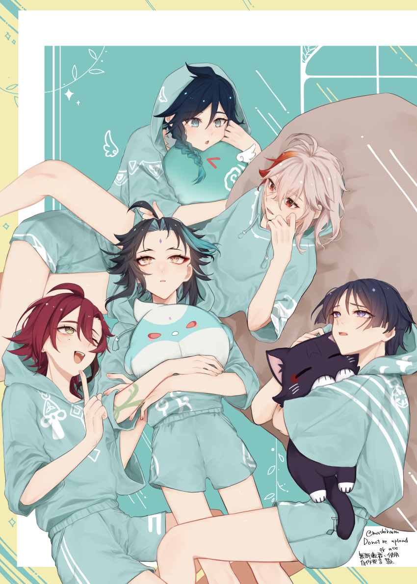 5boys absurdres aqua_eyes aqua_hoodie arm_tattoo bare_legs black_hair blue_hair braid cat genshin_impact green_eyes green_shorts grey_hair hair_between_eyes highres hood hood_up kaedehara_kazuha long_hair long_sleeves male_focus mashiraion multicolored_hair multiple_boys one_eye_closed purple_eyes red_eyes red_hair scaramouche_(cat)_(genshin_impact) scaramouche_(genshin_impact) shikanoin_heizou short_hair shorts simple_background slime_(genshin_impact) smile stuffed_toy tattoo twin_braids venti_(genshin_impact) wanderer_(genshin_impact) white_hair xiao_(genshin_impact) yellow_eyes