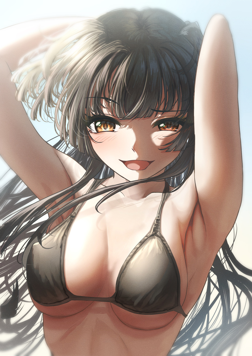 1girl absurdres armpits arms_up bikini black_bikini black_hair blush breasts breasts_apart collarbone highres idolmaster idolmaster_shiny_colors long_hair looking_at_viewer mayuzumi_fuyuko medium_breasts misanga_(hxjd5354) presenting_armpit smug solo swimsuit very_long_hair