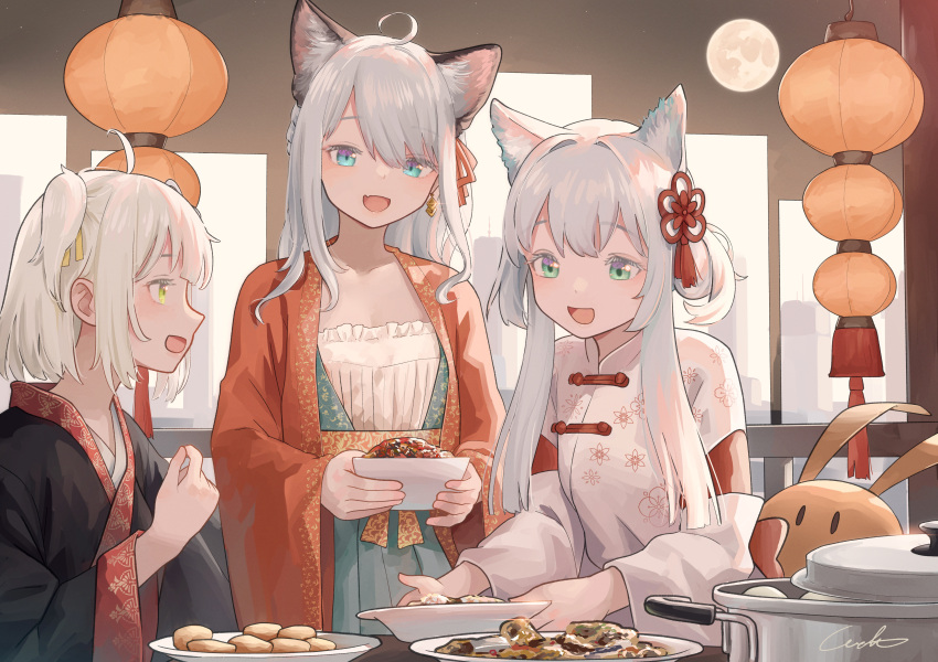 3girls :d absurdres alternate_costume animal_ear_fluff animal_ears arknights blue_eyes cat_ears cat_girl china_dress chinese_clothes chinese_commentary collarbone commentary_request dress earrings fang food green_eyes highres jewelry long_hair long_sleeves mint_(arknights) multiple_girls open_mouth rosmontis_(arknights) scene_(arknights) short_hair skin_fang smile two_side_up welt_(kinsei_koutenkyoku) white_hair