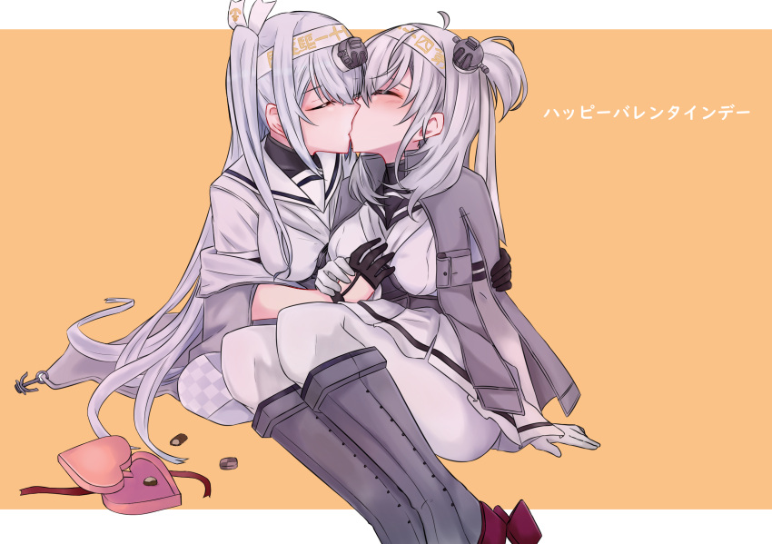 2girls black_gloves black_headband black_sailor_collar bodysuit breasts closed_eyes clothes_writing fuyutsuki_(kancolle) gloves grey_hair grey_neckerchief grey_shawl grey_thighhighs hachimaki half_gloves headband highres kantai_collection kiss long_hair medium_breasts miniskirt multiple_girls neckerchief one_side_up pleated_skirt rukialice sailor_collar school_uniform serafuku shawl skirt suzutsuki_(kancolle) thighhighs white_bodysuit white_headband white_neckerchief white_skirt yuri