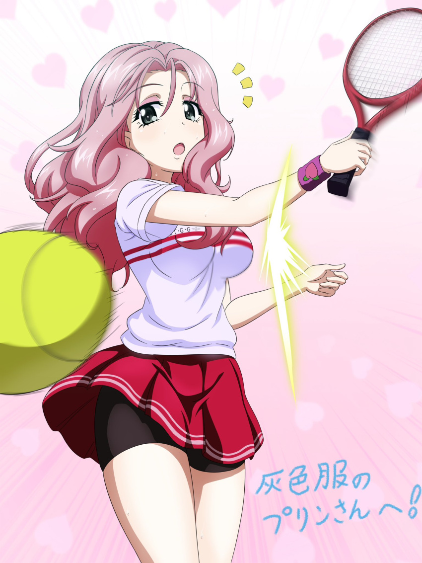 1girl ball bike_shorts black_shorts breasts eyeshadow girls_und_panzer green_eyes highres holding_tennis_racket key_(gaigaigai123) large_breasts long_hair looking_at_viewer makeup open_mouth parted_bangs peach_(girls_und_panzer) pink_eyeshadow pink_hair racket red_skirt shirt short_sleeves shorts skirt solo tennis_ball tennis_racket translation_request white_shirt