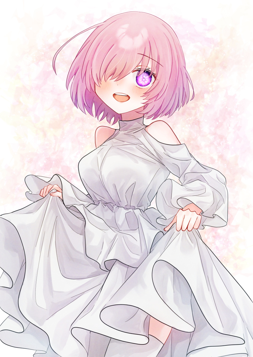 1girl absurdres blush breasts bright_pupils clothing_cutout cropped_legs dress fate/grand_order fate_(series) hair_over_one_eye harukappa highres large_breasts long_sleeves looking_at_viewer mash_kyrielight open_mouth pink_background pink_hair purple_eyes short_hair shoulder_cutout skirt_hold smile solo teeth thighhighs upper_teeth_only white_dress white_thighhighs wide_sleeves