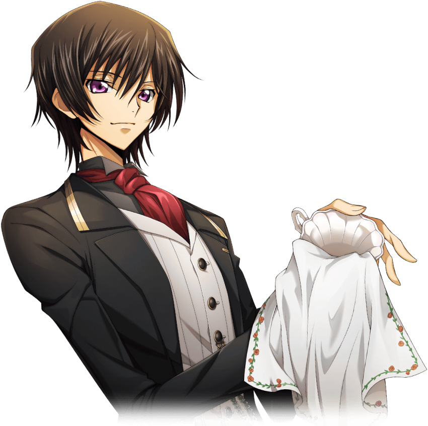1boy artist_request ascot black_hair black_jacket black_shirt breast_pocket butler buttons chain closed_mouth code_geass code_geass:_lost_stories collared_shirt cropped_torso cup drying dutch_angle game_cg hair_between_eyes happy holding holding_cloth holding_cup jacket lelouch_vi_britannia long_sleeves looking_at_viewer male_focus non-web_source official_art open_clothes open_jacket picture_frame pocket purple_eyes red_ascot shirt short_hair sidelocks simple_background smile solo standing teacup transparent_background upper_body vest white_vest