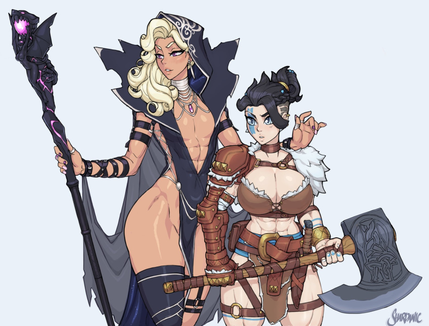 2girls abs alex_moon_(shardanic) armor axe barbarian black_hair blonde_hair blue_nails boxer-chan breasts cleavage collar earrings facepaint flat_chest height_difference highres holding holding_staff hood jewelry knife large_breasts leather_armor loincloth long_hair looking_to_the_side multiple_girls muscular muscular_female necklace pink_eyes pink_nails pouch ring shardanic shaved_head short_hair shoulder_armor signature staff thighhighs toned wizard