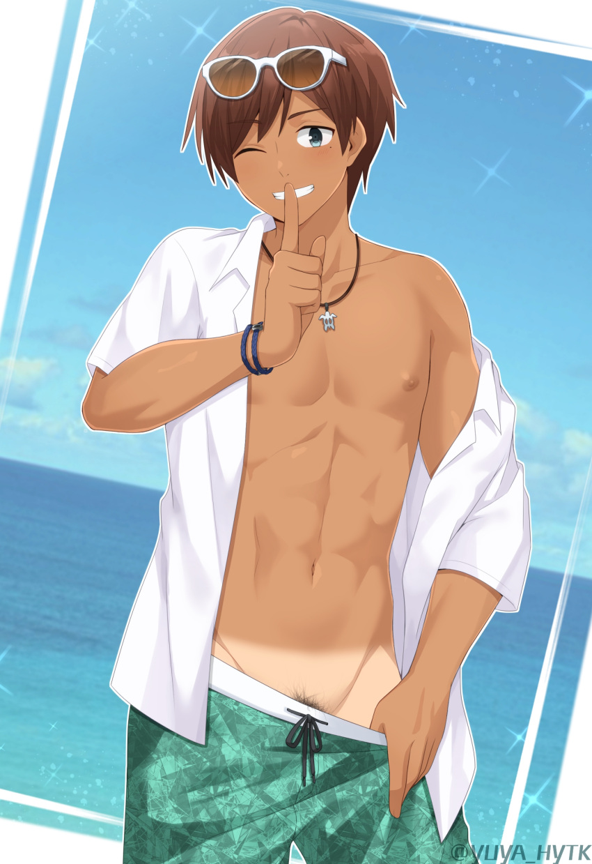 1boy ;d abs artist_name bare_pectorals blue_eyes blue_wristband blurry blush brown_hair collarbone collared_shirt commentary_request day depth_of_field drawstring dutch_angle eyewear_on_head finger_to_mouth green_male_swimwear grin groin hand_up highres horizon jewelry looking_at_viewer male_focus male_pubic_hair male_swimwear male_swimwear_pull mole mole_under_eye navel necklace nipples ocean off_shoulder one_eye_closed open_clothes open_shirt original outside_border paid_reward_available pectorals pubic_hair pubic_hair_peek pulled_by_self shirt short_hair short_sleeves shorts_tan shushing single_bare_shoulder smile solo sparkle standing sunglasses swim_trunks tan tanlines toned toned_male twitter_username white-framed_eyewear white_shirt wristband yuya_hytk