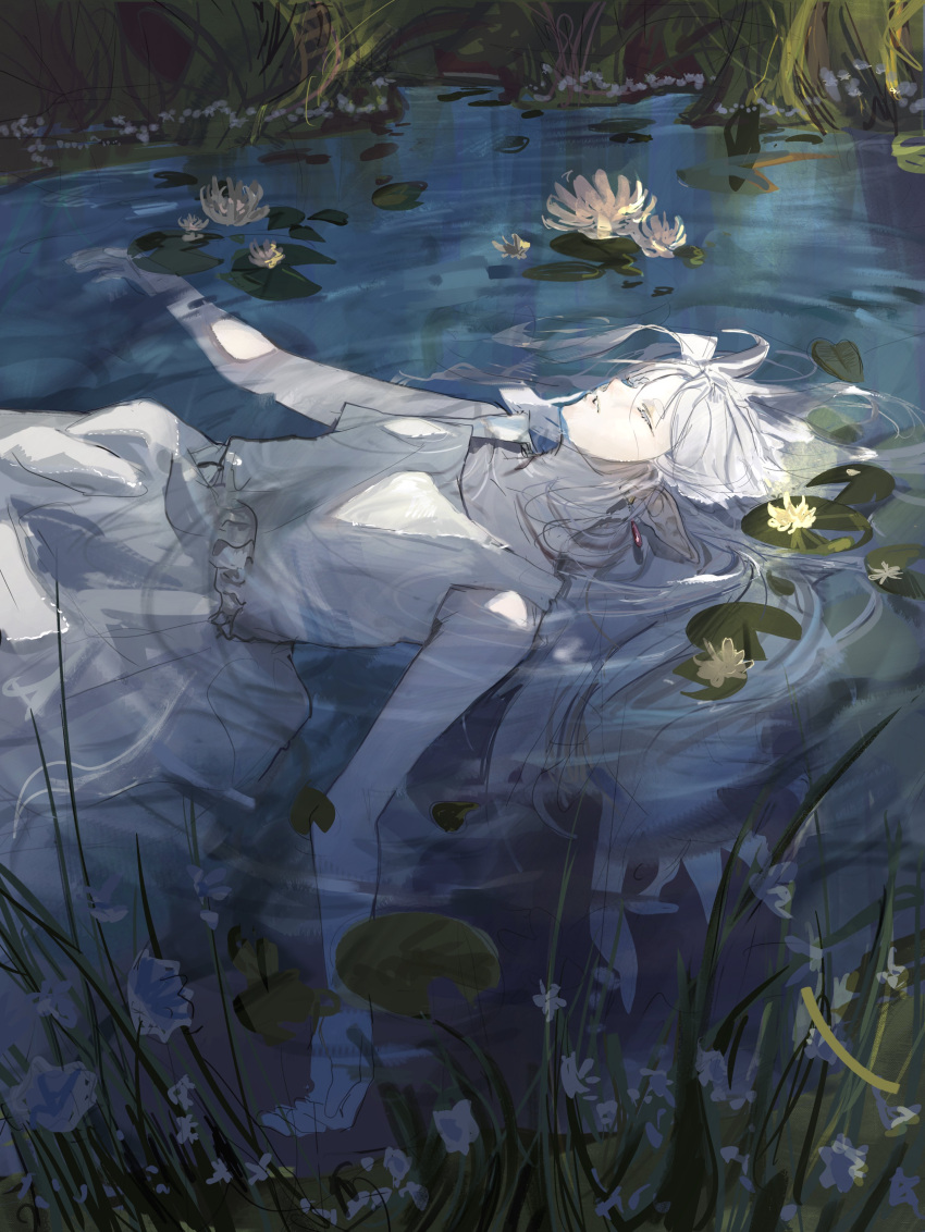 1girl absurdres dress drop_earrings earrings elf facing_up flower frieren highres jewelry lily_(flower) lily_pad long_hair nenem_(kimnenemmm_art) outdoors outstretched_arms parted_lips partially_submerged pointy_ears ripples sleeveless sleeveless_dress solo sousou_no_frieren sunlight water wetland white_dress white_flower white_hair