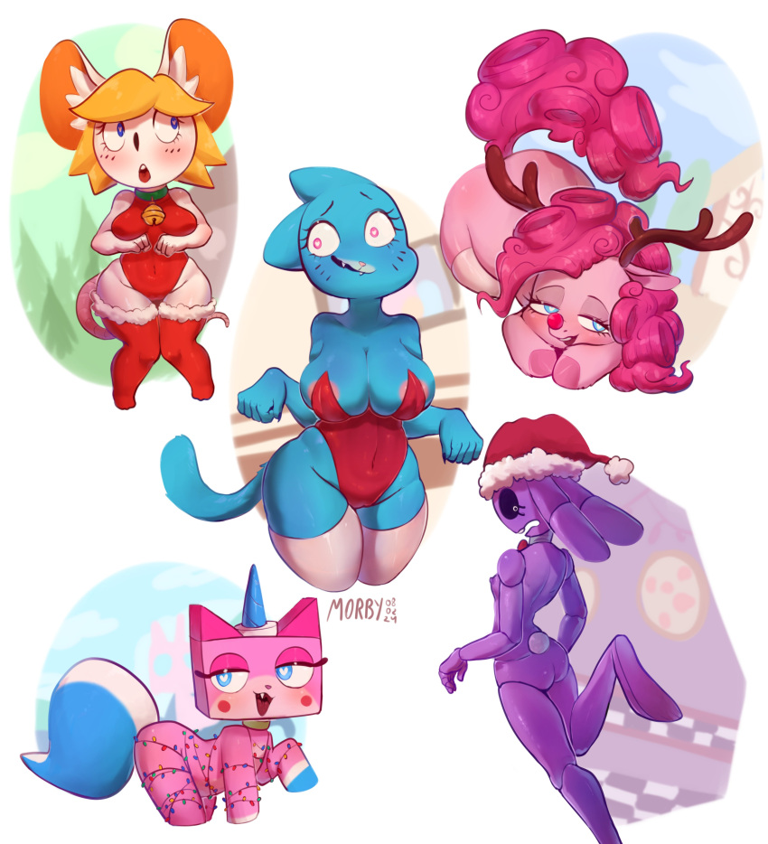 absurd_res anthro areola biped blonde_hair blue_body blue_eyes breasts butt cartoon_network cleavage clothed clothing domestic_cat equid equine felid feline felis female friendship_is_magic group hair hasbro hi_res horse mammal mouse moushley murid murine my_little_pony nicole_watterson pink_body pinkie_pie_(mlp) pony purple_body rodent spiralburguer the_amazing_world_of_gumball