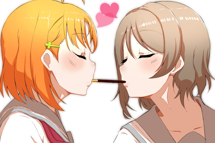 10s 2girls ahoge bangs blouse blush closed_mouth clover_hair_ornament commentary eyebrows_visible_through_hair eyes_closed facing_another food food_in_mouth grey_hair hair_ornament heart highres love_live! love_live!_sunshine!! mouth_hold multiple_girls neckerchief orange_hair pocky pocky_kiss red_neckwear restart_(asasyan060805) school_uniform serafuku shared_food short_hair simple_background takami_chika upper_body uranohoshi_school_uniform watanabe_you white_background white_blouse yuri