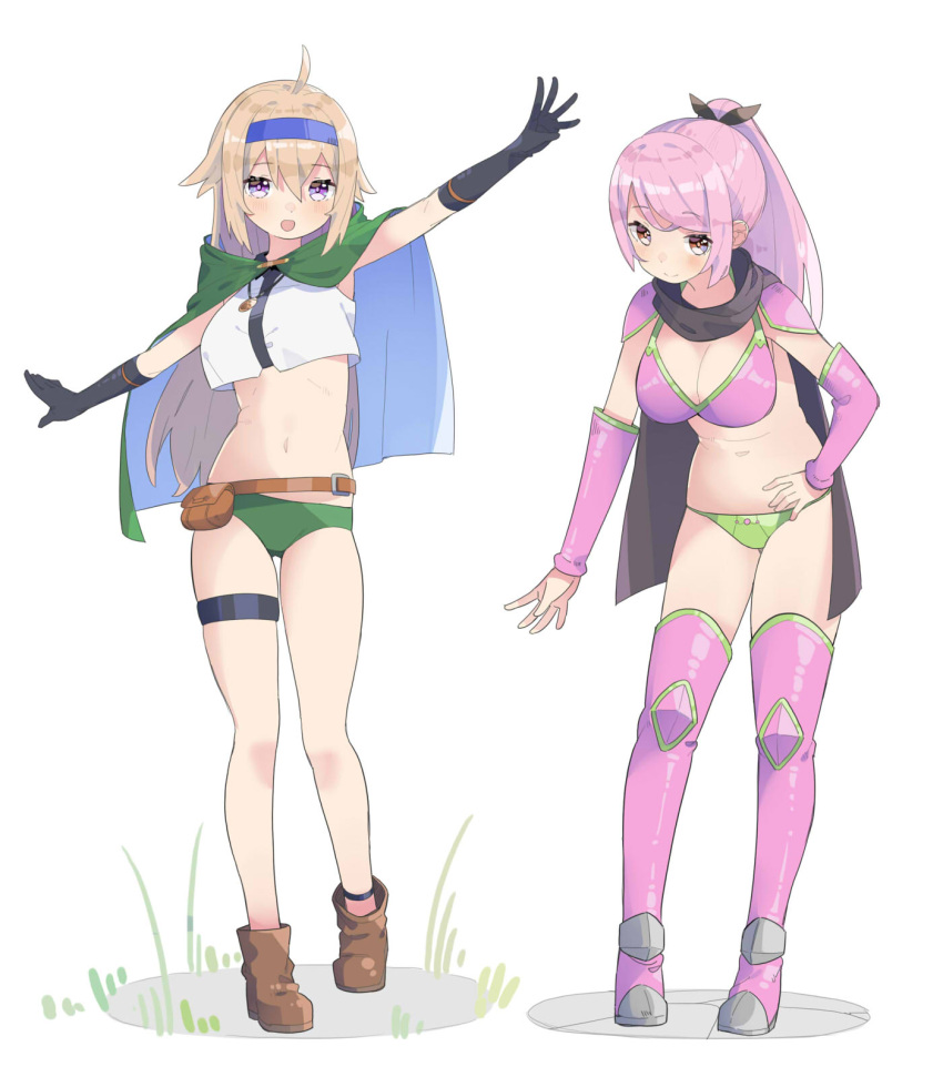 2girls :d ahoge anklet arm_up belt bikini black_gloves blonde_hair blue_eyes blue_hairband blush boots brown_belt brown_eyes brown_footwear closed_mouth detached_sleeves elbow_gloves fanny_pack full_body gloves grass green_bikini green_panties hairband hand_on_own_hip highres jewelry long_hair looking_at_viewer multiple_girls navel original outstretched_arms pa._(tatuya28001) panties pink_bikini pink_hair pink_sleeves ponytail purple_eyes short_hair shoulder_pads sidelocks simple_background smile standing swimsuit thigh_strap two-tone_bikini underwear white_background