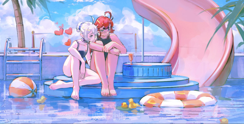 2girls ahoge barefoot black_one-piece_swimsuit blue_one-piece_swimsuit blush breasts cang_(akaga204) chinese_commentary cleavage cloud collarbone commentary_request day embarrassed gundam gundam_suisei_no_majo heart innertube miorine_rembran multiple_girls one-piece_swimsuit outdoors palm_tree pool red_hair short_hair suletta_mercury swim_ring swimsuit tree water_slide white_hair yuri