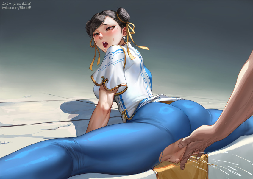 1boy 1girl ass black_hair blue_unitard breasts brown_eyes china_dress chinese_clothes chun-li clothes_lift cunnilingus cunnilingus_through_clothes double_bun dress earrings elleciel.eud english_commentary female_ejaculation female_orgasm fingering fingering_from_behind flexible from_behind hair_bun hair_ribbon hetero jewelry kneepits large_breasts mature_female on_floor open_mouth oral orgasm pelvic_curtain pelvic_curtain_lift ribbon rolling_eyes saliva_drip shadow short_hair short_sleeves skin_tight solo_focus split spread_legs straddle_split street_fighter street_fighter_6 sweatdrop swept_bangs textless_version thick_thighs thighs torn_clothes torn_unitard translation_request twitter_username unitard variant_set white_dress yellow_ribbon