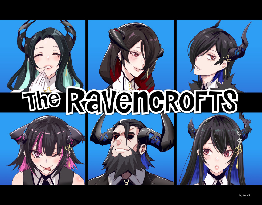 2boys 4girls aradia_ravencroft asymmetrical_horns black_hair black_suit blue_hair closed_eyes colored_inner_hair demon_horns family hair_over_one_eye highres hololive hololive_english horns kivo long_hair looking_at_viewer malpha_ravencroft malphis_ravencroft_ii mamarissa mole mole_under_each_eye mole_under_eye multicolored_hair multiple_boys multiple_girls multiple_moles nerissa_ravencroft nerissa_ravencroft_(1st_costume) one_eye_closed paparissa pink_eyes pink_hair red_eyes red_hair shirt short_hair smile suit the_brady_bunch tongue tongue_out very_long_hair virtual_youtuber white_shirt