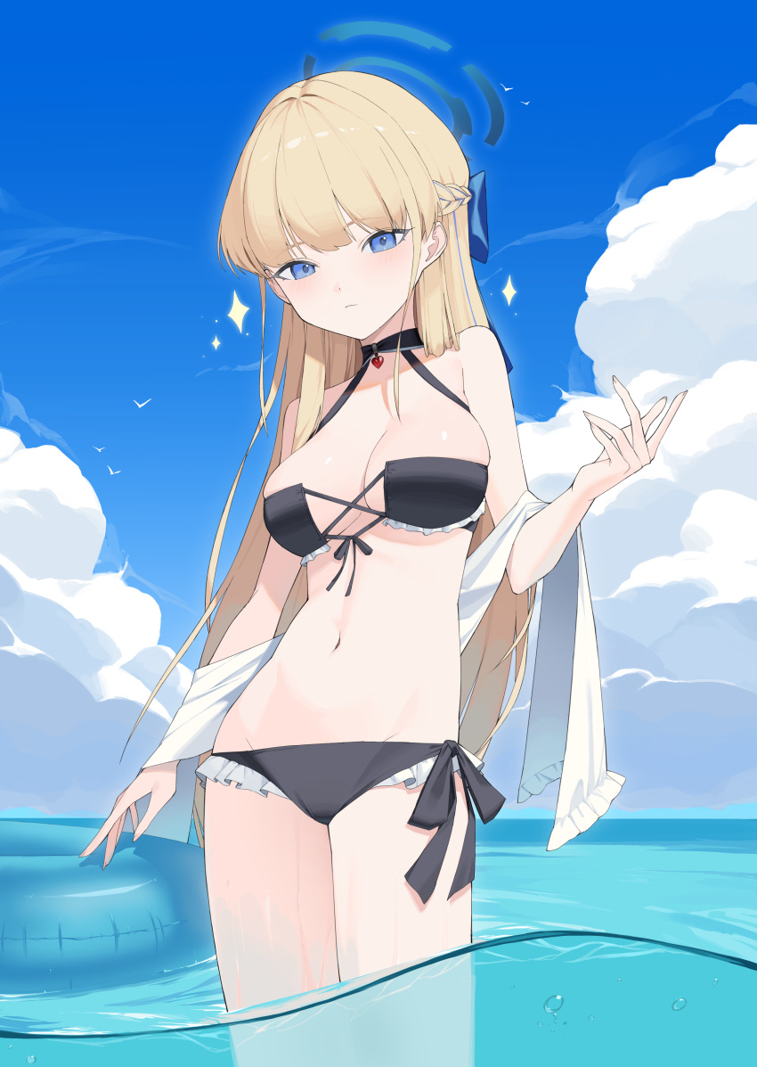 1girl absurdres alternate_costume bikini black_bikini blonde_hair blue_archive blue_eyes blue_hair blue_sky blunt_bangs braid breasts closed_mouth cloud cloudy_sky commentary_request cumulonimbus_cloud day french_braid halo hand_up highres innertube long_hair looking_at_viewer medium_breasts multicolored_hair navel okappa_(bobbed001) outdoors partially_underwater_shot sky solo sparkle standing streaked_hair swim_ring swimsuit toki_(blue_archive) wading
