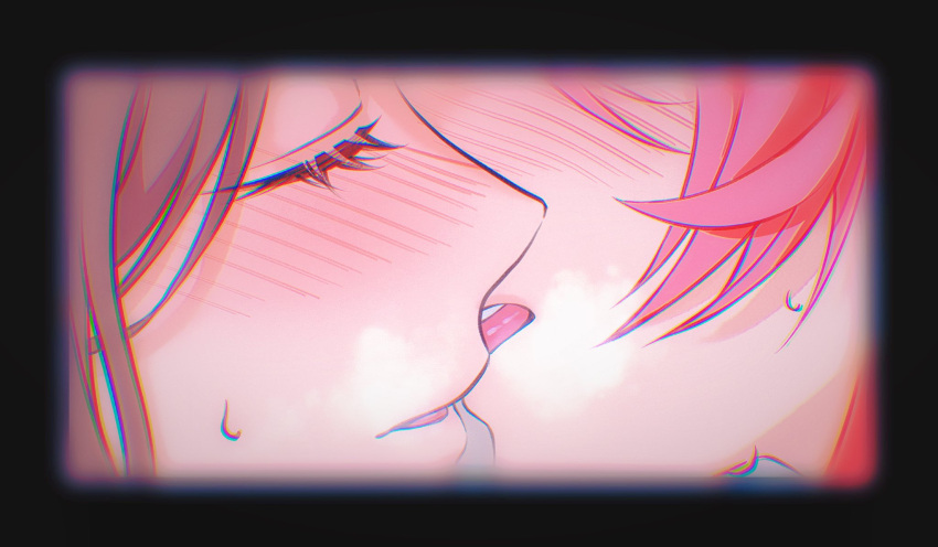 2girls bang_dream! bang_dream!_it's_mygo!!!!! blush border brown_hair cang_(akaga204) chihaya_anon chromatic_aberration close-up closed_eyes commentary english_commentary eyelashes fading_border grey_border highres imminent_kiss mouth_focus multiple_girls nagasaki_soyo open_mouth parted_lips pink_hair sweatdrop tongue tongue_out yuri