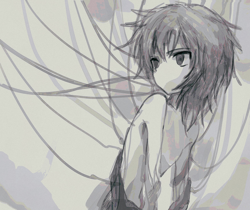 1other androgynous atoymk cable commentary empty_eyes film_grain greyscale highres korean_commentary kurohebi len'en medium_hair monochrome no_headband no_mouth no_nipples other_focus sketch solo topless_other upper_body