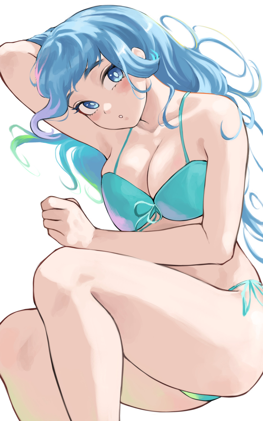1girl absurdres alternate_costume arm_up ass bikini blue_bikini blue_eyes blue_hair boku_no_hero_academia breasts cleavage fengling_(furin-jp) hadou_nejire highres large_breasts long_hair looking_at_viewer lying on_side simple_background solo swimsuit white_background
