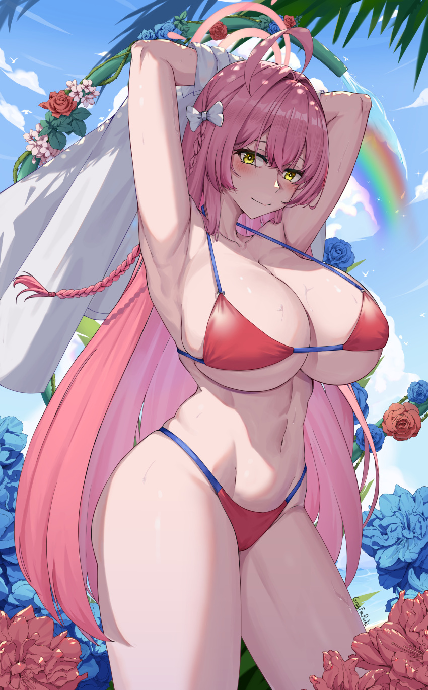 1girl absurdres ahoge arm_up armpits arms_behind_head arms_up bare_shoulders bikini blue_archive blue_sky blush breasts cleavage closed_mouth cloud cowboy_shot curvy day flower grayfoxpochi hair_between_eyes hair_ornament halo hanako_(blue_archive) hanako_(swimsuit)_(blue_archive) highleg highleg_bikini highres holding holding_hose hose huge_breasts long_hair looking_at_viewer navel official_alternate_costume outdoors pink_hair pink_halo red_bikini red_flower rose skindentation sky smile solo standing stomach string_bikini swimsuit thick_thighs thighs very_long_hair wet yellow_eyes