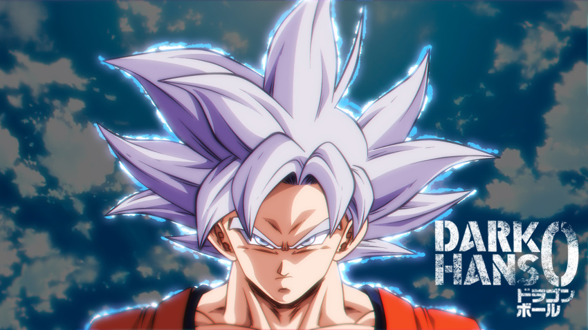 1boy aura collarbone commentary darkhans0 dougi dragon_ball dragon_ball_super english_commentary highres muscular muscular_male pectorals solo son_goku ultra_instinct watermark white_eyes white_hair