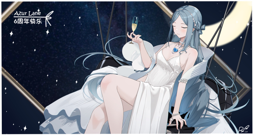 1girl absurdres alcohol azur_lane bare_shoulders blue_hair blush border breasts champagne champagne_(adulation_eternal)_(azur_lane) champagne_(azur_lane) champagne_flute closed_eyes closed_mouth copyright_name cup dress drinking_glass hand_up highres holding holding_cup jewelry long_hair necklace official_alternate_costume outside_border ping_zhong_yu ring signature small_breasts smile solo very_long_hair wedding_dress wedding_ring white_border