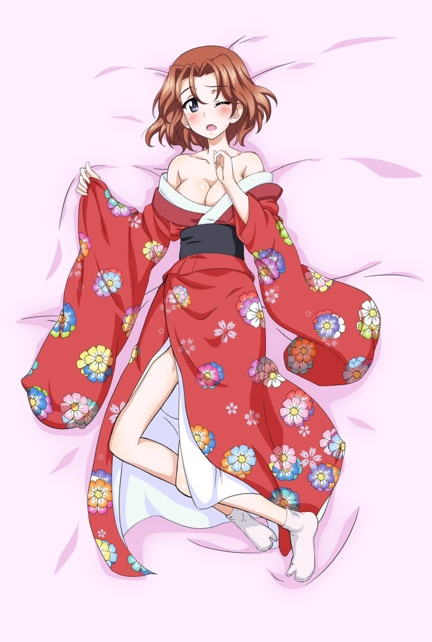 1girl azumi_(girls_und_panzer) breasts brown_hair cleavage collarbone girls_und_panzer grey_eyes highres key_(gaigaigai123) large_breasts long_sleeves looking_at_viewer lying on_back one_eye_closed socks solo white_socks