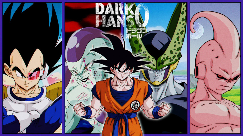 5boys anime_coloring armor bleeding blood blood_on_face cell_(dragon_ball) collarbone commentary commission darkhans0 dougi dragon_ball dragon_ball_z english_commentary frieza highres kid_buu majin_buu multiple_boys muscular muscular_male pectorals perfect_cell red_eyes saiyan_armor scouter smile son_goku spiked_hair vegeta watermark