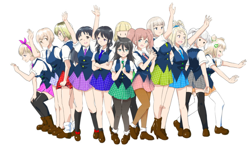 6+girls black_hair blonde_hair blunt_bangs blush breasts collared_shirt highres hirasawa_shizuku katou_asuka kuroki_tomoko large_breasts long_hair looking_at_viewer low_twintails medium_breasts minami_koharu motomiki multiple_girls necktie nemoto_hina open_mouth pink_hair pleated_skirt shirt simple_background skirt smile standing tamura_yuri tanaka_mako twintails uchi_emiri watashi_ga_motenai_no_wa_dou_kangaetemo_omaera_ga_warui! white_background white_hair white_shirt yoshida_masaki