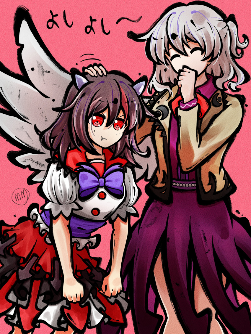 2girls absurdres angel_wings black_hair bow bowtie clenched_hands closed_eyes closed_mouth commentary commission cone_horns covering_own_mouth dress grey_hair grey_horns grey_wings headpat highres horns jacket kijin_seija kishin_sagume long_hair long_sleeves moguman multicolored_hair multiple_girls open_clothes open_jacket pout puffy_short_sleeves puffy_sleeves purple_bow purple_bowtie purple_dress red_background red_bow red_bowtie red_eyes red_hair short_sleeves single_wing small_horns streaked_hair suit_jacket touhou wings