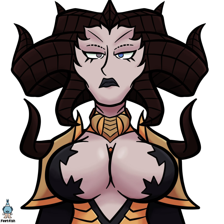 1:1 big_breasts black_clothing black_dress black_lipstick blizzard_entertainment blue_eyes breasts brown_horn chest_gem cleavage clothed clothing curved_horn demon demon_humanoid diablo dress eyelashes feetfish female front_view gem grey_eyes heterochromia hi_res horn horned_humanoid humanoid jewelry lilith_(diablo) lipstick makeup multi_horn necklace not_furry pale_skin solo