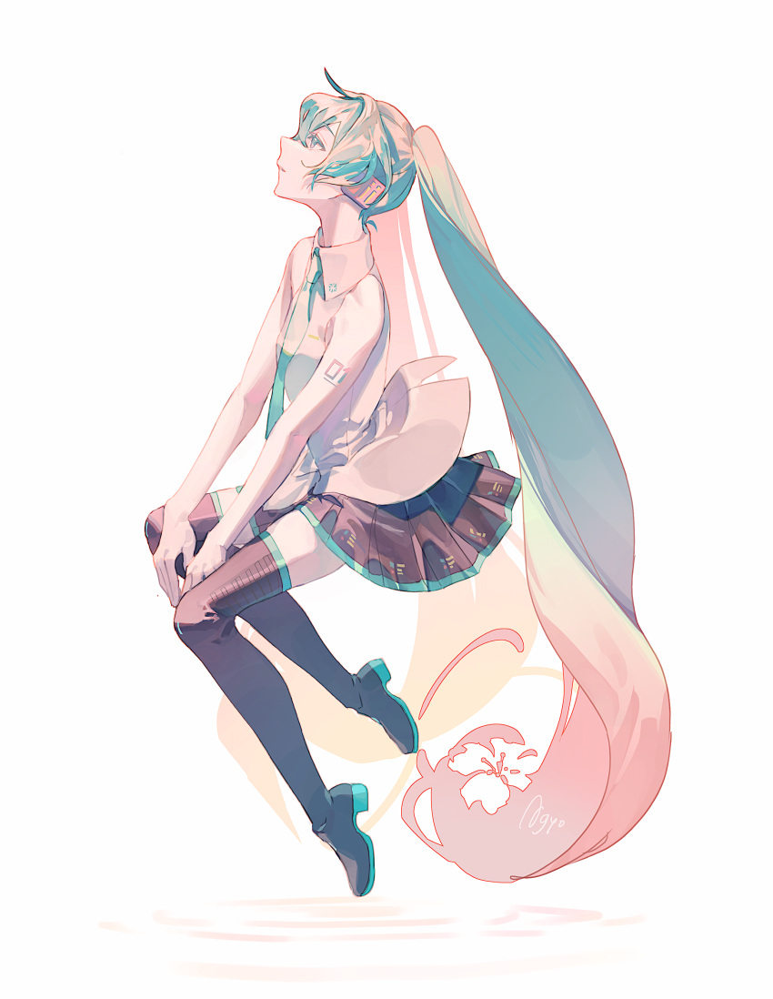 1girl absurdres agyou_sonokou_l bare_shoulders black_footwear black_skirt blue_eyes blue_hair blue_necktie boots collared_shirt crossed_bangs from_side gradient_hair hair_between_eyes hair_intakes hands_on_own_legs hatsune_miku highres invisible_chair long_hair looking_up miniskirt multicolored_hair necktie number_tattoo parted_lips pink_hair pleated_skirt profile ripples shirt sidelocks signature simple_background sitting skirt sleeveless sleeveless_shirt solo tattoo thigh_boots twintails very_long_hair vocaloid white_background white_shirt zettai_ryouiki