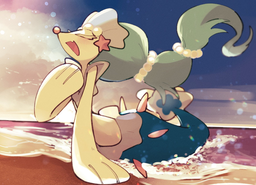 animal_focus beach blue_sky blush closed_eyes cloud colored_eyelashes colored_skin highres long_hair multi-tied_hair no_humans open_mouth pokemon pokemon_(creature) primarina sand sky snout solo sstoh very_long_hair water white_skin