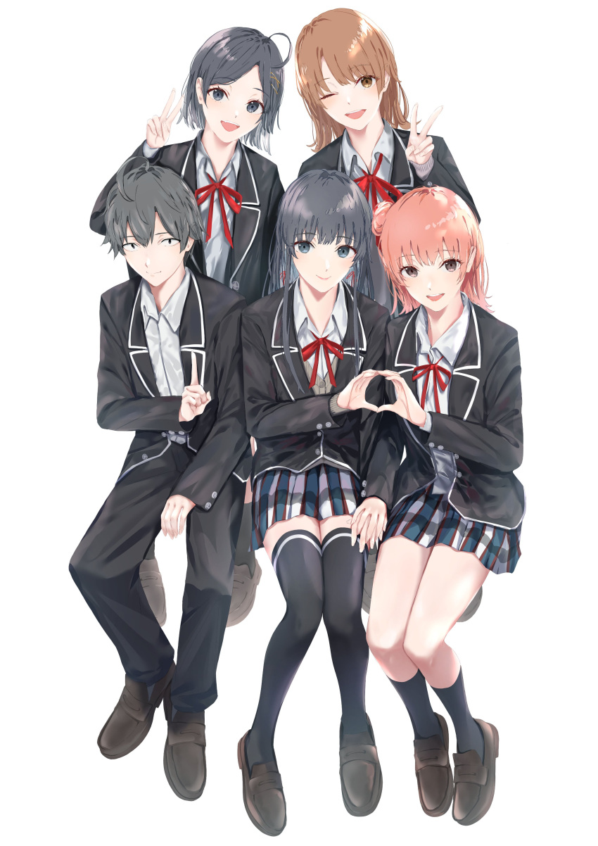 1boy 4girls absurdres ahoge black_footwear black_hair black_jacket black_socks black_thighhighs blazer blue_eyes brown_eyes brown_hair closed_mouth collared_shirt full_body hair_bun hair_ornament hair_ribbon hayase_illusut heart heart_hands heart_hands_duo highres hikigaya_hachiman hikigaya_komachi inverted_nipples isshiki_iroha jacket loafers long_hair long_sleeves looking_at_viewer multiple_girls neck_ribbon one_eye_closed open_mouth plaid plaid_skirt red_ribbon ribbon school_uniform shirt shoes short_hair simple_background single_hair_bun single_side_bun sitting skirt smile sobu_high_school_uniform socks standing thighhighs v white_background white_shirt x_hair_ornament yahari_ore_no_seishun_lovecome_wa_machigatteiru. yuigahama_yui yukinoshita_yukino zettai_ryouiki