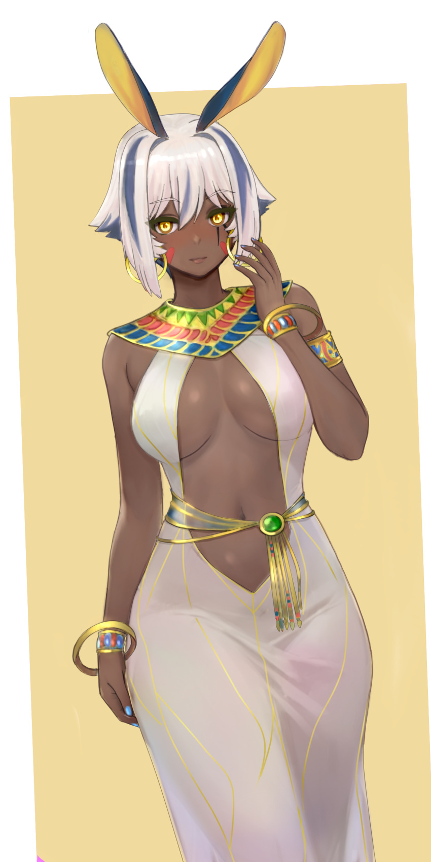 1girl absurdres animal_ears antenna_hair armlet bare_shoulders belly_chain black_hair bracelet breasts center_opening cleavage colored_inner_hair dark-skinned_female dark_skin dress earrings egyptian facepaint facial_mark fate/grand_order fate_(series) gold_trim hairband highres hoop_earrings jackal_ears jewelry large_breasts looking_at_viewer multicolored_hair navel nitocris_(fate) nitocris_alter_(fate) raskasar see-through short_hair sidelocks solo streaked_hair usekh_collar white_dress white_hair yellow_eyes