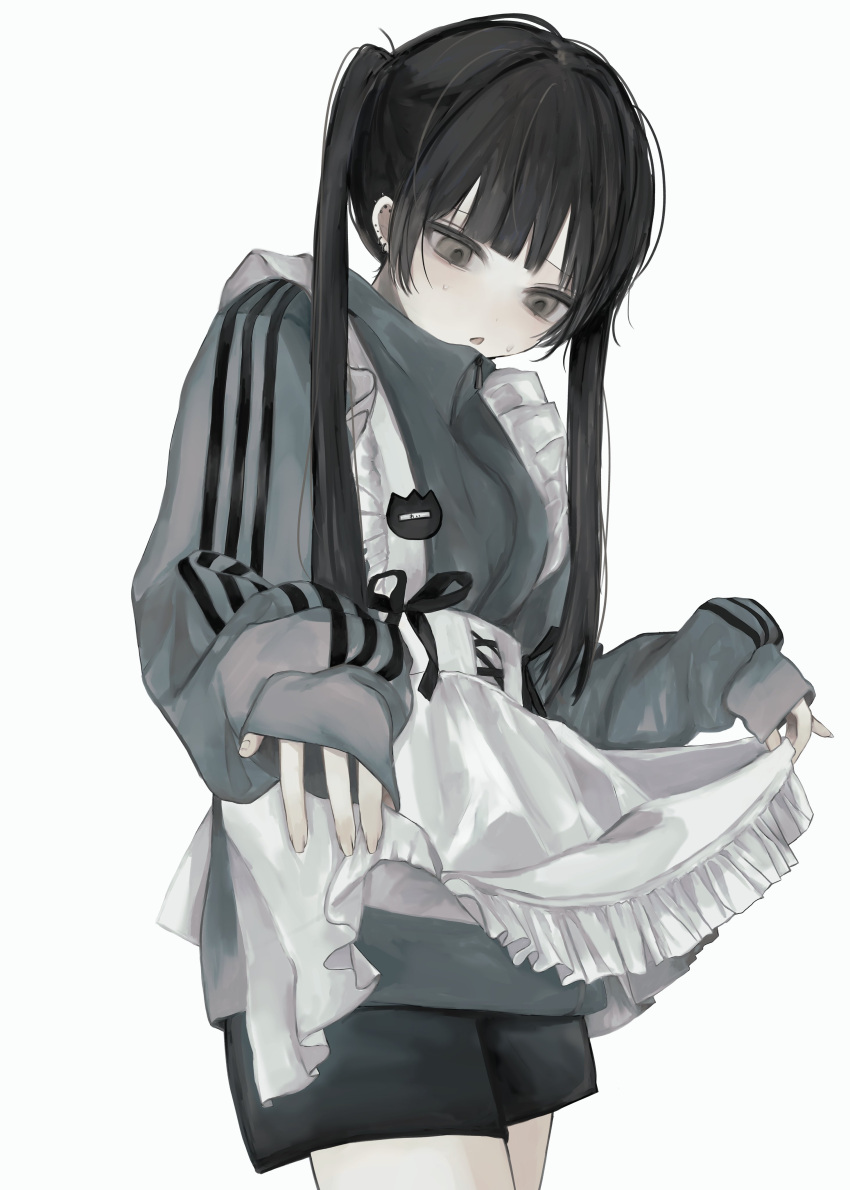1girl absurdres apron apron_lift black_hair black_ribbon black_shorts blue_jacket blunt_bangs clothes_lift collared_jacket dot_nose ear_piercing earrings empty_eyes fingernails frilled_apron frills from_side grey_eyes hair_over_shoulder hands_up highres holding jacket jersey_maid jewelry kanau_(u_u_zzx) long_hair long_sleeves looking_down loose_hair_strand maid maid_apron medium_bangs name_tag nervous_sweating open_mouth original piercing puffy_long_sleeves puffy_sleeves ribbon shorts sidelocks simple_background solo standing stud_earrings sweat sweatdrop track_jacket track_suit twintails unconventional_maid white_background