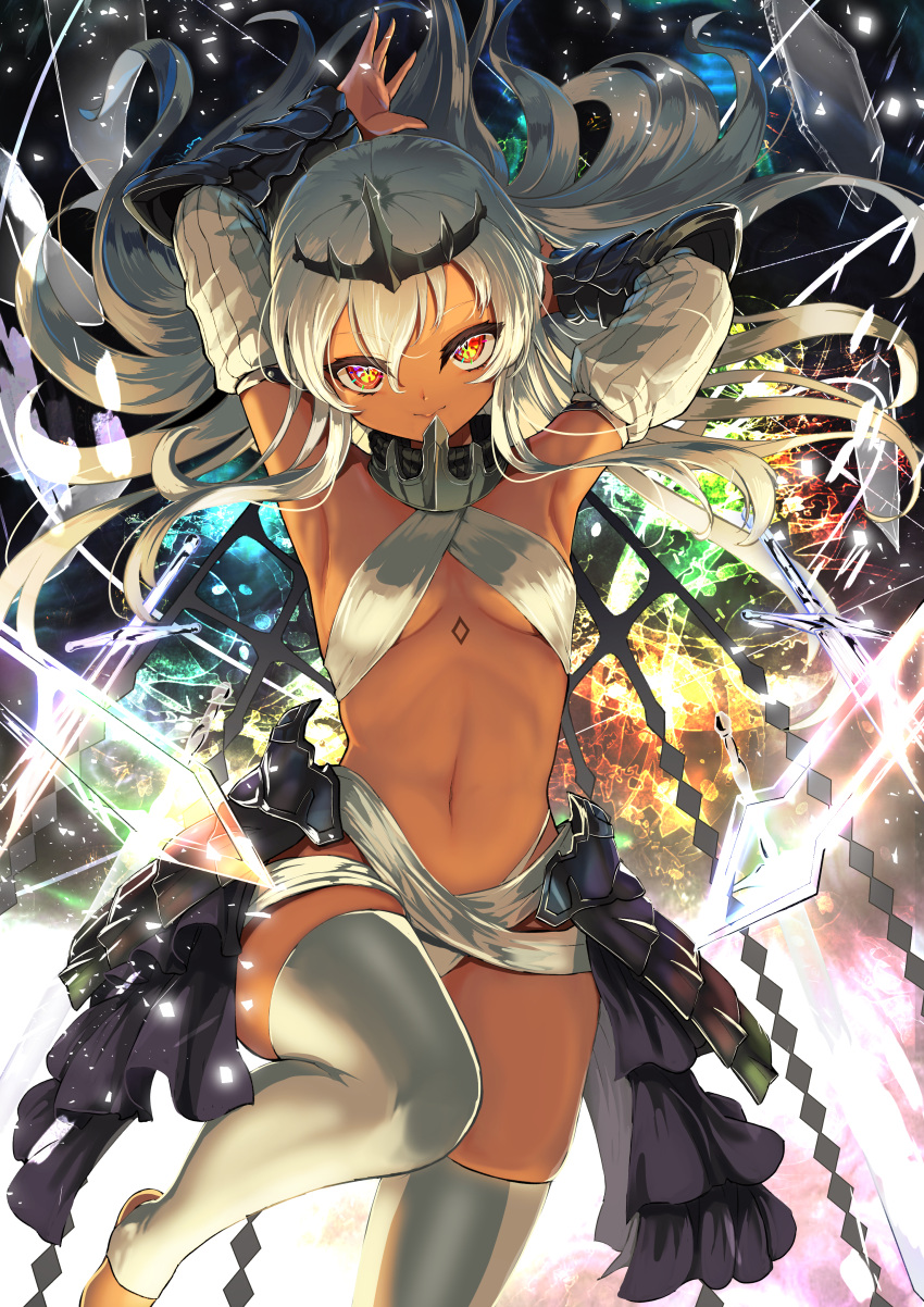 1girl absurdres arms_up breasts chest_tattoo dark-skinned_female dark_skin detached_sleeves grey_hair highres hip_armor long_hair looking_at_viewer namako_(namacotan) navel original red_eyes small_breasts solo stirrup_legwear tattoo thighhighs tiara toeless_legwear white_thighhighs wrist_guards