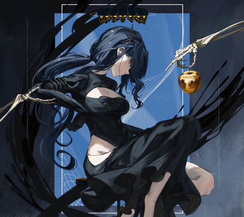 1girl apple arcana_(reverse:1999) black_dress black_gloves blue_background blue_hair breasts cleavage cleavage_cutout clothing_cutout dark_blue_hair dress elbow_gloves feet_out_of_frame food from_side fruit gloves golden_apple grey_background highres hip_vent holding holding_food holding_fruit kamiro_(kamin_r0) long_dress long_hair long_sleeves looking_at_viewer low_ponytail medium_breasts profile reverse:1999 sitting skeletal_hand skull smile solo two-tone_background yellow_eyes