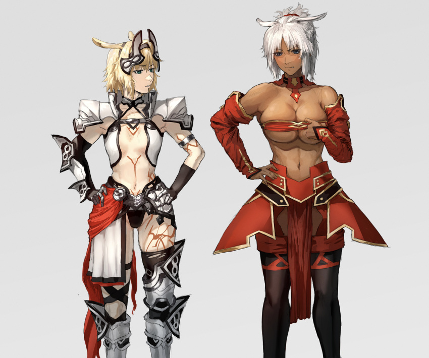 2girls absurdres animal_ears armlet armor armored_boots asymmetrical_gloves bandeau bare_shoulders bikini bikini_armor black_thighhighs blonde_hair blue_eyes body_markings boots braid breasts caenis_(fate) caenis_(fate)_(cosplay) cleavage collarbone commentary_request cosplay costume_switch cowboy_shot dark-skinned_female dark_skin detached_sleeves elbow_gloves fake_animal_ears fate/apocrypha fate/grand_order fate_(series) faulds gauntlets gloves green_eyes hair_between_eyes hair_intakes hairband hand_on_own_hip hands_on_own_hips headgear highres large_breasts long_hair looking_at_another mordred_(fate) mordred_(fate/apocrypha) mordred_(fate/apocrypha)_(cosplay) multiple_girls navel parted_bangs parted_lips pelvic_curtain ponytail red_sleeves scrunchie shoulder_armor sidelocks simple_background single_gauntlet single_thighhigh skindentation small_breasts standing stomach swimsuit tattoo thighhighs tonko_from torn_clothes torn_thighhighs trait_connection undersized_clothes waist_cape white_bikini white_hair