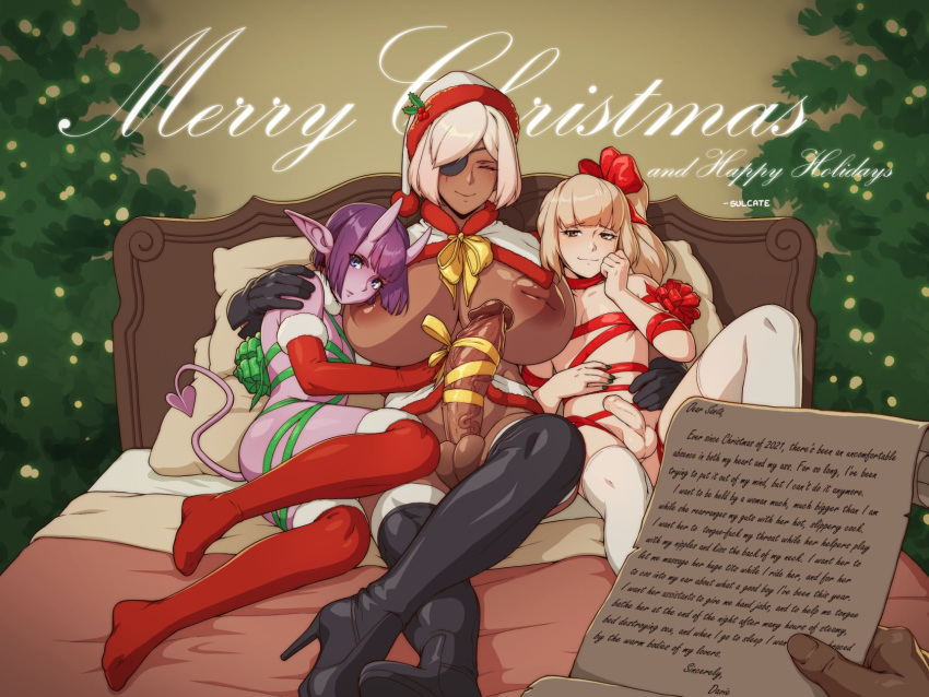 1girl 2boys ass black_gloves black_nails blonde_hair blunt_bangs brown_eyes closed_eyes closed_mouth colored_skin dahlia_(sulcate) dark-skinned_female dark_skin demon_boy demon_horns demon_tail elbow_gloves erection eyepatch flaccid futanari gloves highres horns inverted_nipples merry_christmas multiple_boys original otoko_no_ko penis pink_hair pink_skin pointy_ears purple_eyes purple_hair red_gloves red_thighhighs shiny_skin short_hair short_ponytail side_ponytail sitting smug sulcate tail testicles thighhighs veins veiny_penis white_thighhighs