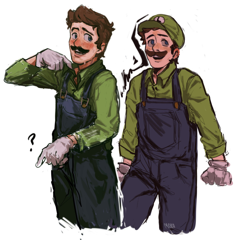 1boy ? blue_eyes blush brown_hair cropped_legs facial_hair gloves green_shirt highres looking_to_the_side luigi m0kaccinoh male_focus mario_(series) multiple_views mustache no_headwear overalls scared shirt short_hair smile thick_mustache white_gloves