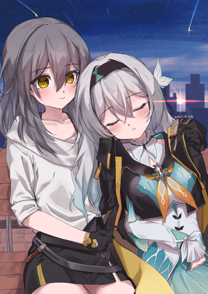 2girls absurdres black_gloves black_hairband black_jacket black_skirt blue_hair blue_skirt blush closed_mouth collared_shirt cowboy_shot cropped_jacket crossed_bangs dated firefly_(honkai:_star_rail) gloves gradient_hair grey_hair hair_between_eyes hair_intakes hairband highres honkai:_star_rail honkai_(series) jacket katamami_seven leaning_on_person leaning_to_the_side lens_flare long_sleeves looking_at_another multicolored_hair multiple_girls neckerchief night night_sky open_mouth orange_neckerchief outdoors pencil_skirt pleated_skirt shirt shooting_star side-by-side sidelocks signature sitting skirt sky sleeves_past_wrists smile star_(sky) stelle_(honkai:_star_rail) trailblazer_(honkai:_star_rail) white_shirt yellow_eyes yuri