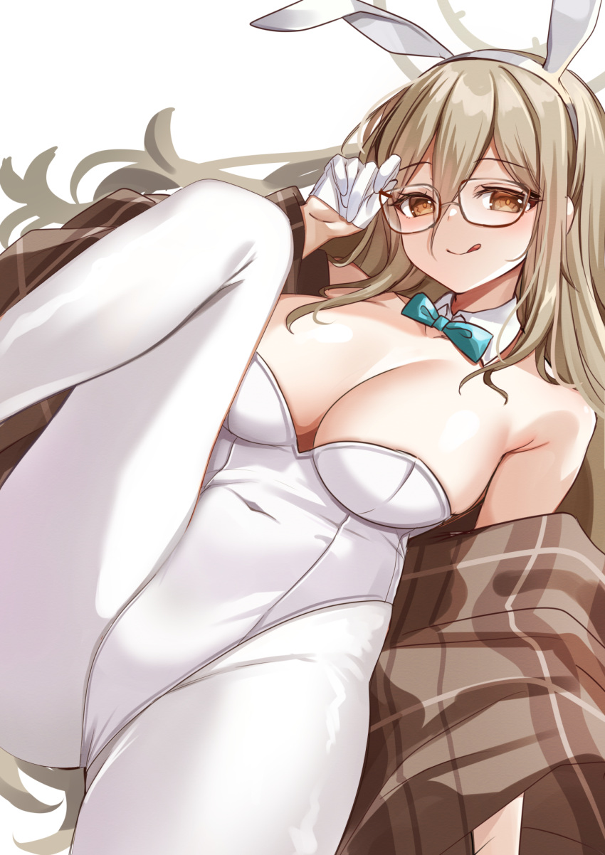 1girl :q akane_(blue_archive) akane_(bunny)_(blue_archive) animal_ears blue_archive breasts brown_eyes brown_hair cleavage commentary_request fake_animal_ears glasses highres katsushika_pachi large_breasts leotard looking_at_viewer official_alternate_costume rabbit_ears simple_background solo tongue tongue_out white_background white_leotard