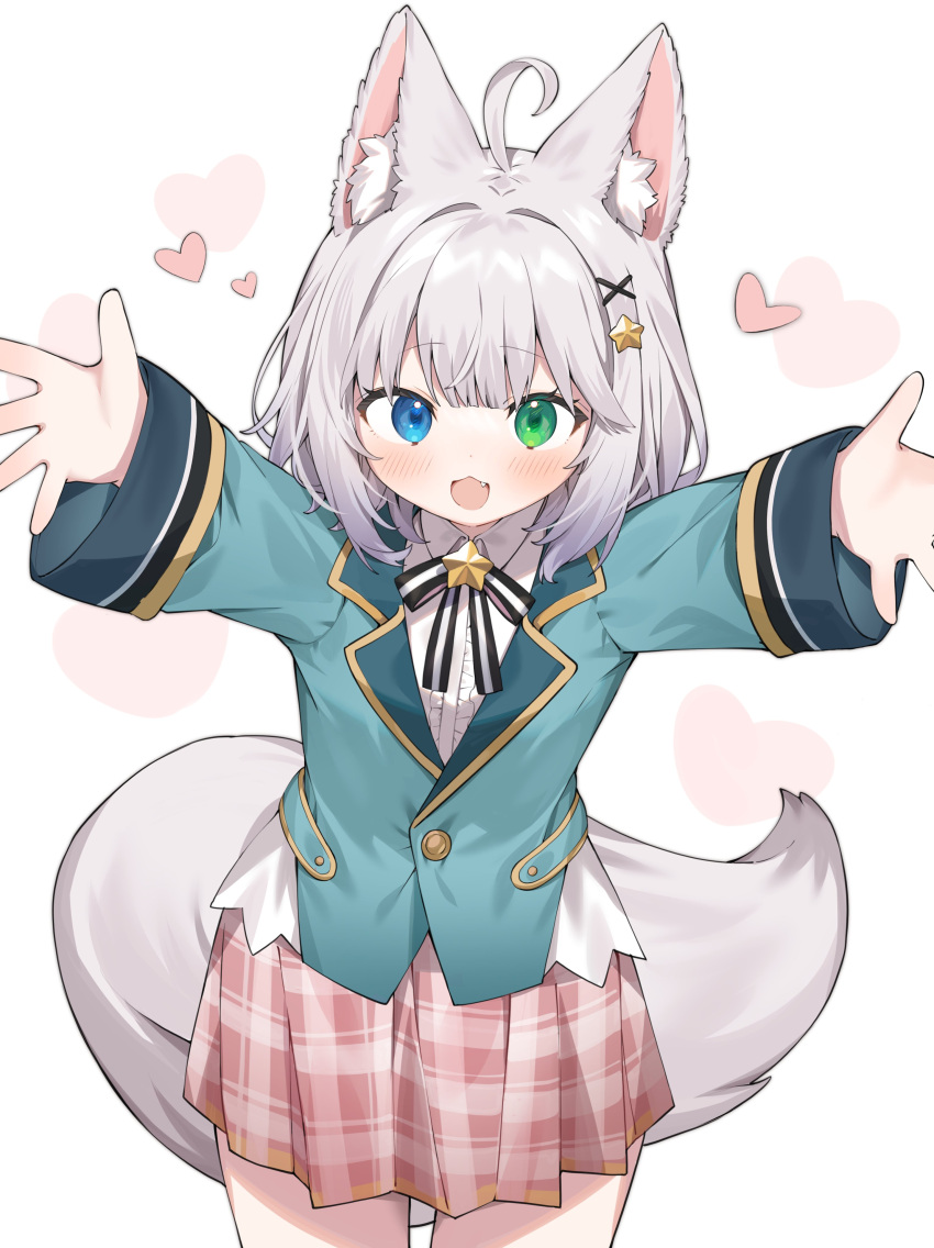 1girl \o/ absurdres ahoge animal_ears aqua_jacket arms_up blue_eyes breasts commentary_request fang fox_ears fox_girl fox_tail green_eyes grey_hair grey_tail hair_ornament hairclip heart heterochromia highres inuyayo jacket layla_(oda) looking_at_viewer medium_hair open_mouth original outstretched_arms pink_skirt plaid plaid_skirt simple_background skirt small_breasts solo standing star_(symbol) star_hair_ornament tail upper_body