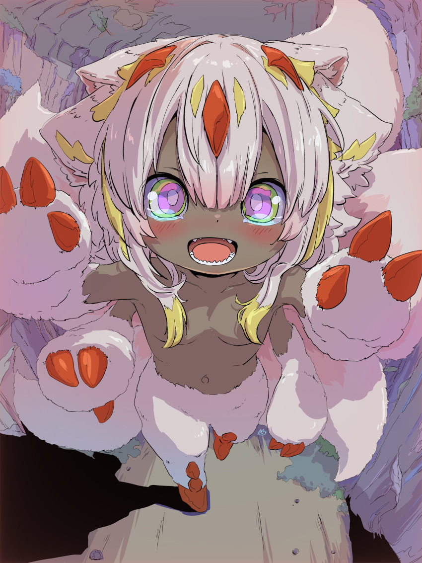 1girl absurdres animal_feet animal_hands blonde_hair blush breasts colored_tips commentary convenient_censoring dark-skinned_female dark_skin extra_arms fangs faputa hair_censor highres looking_at_viewer made_in_abyss medium_hair multicolored_eyes multicolored_hair open_mouth sekaineko_001 small_breasts smile solo straight-on streaked_hair tareme two-tone_hair walking white_hair