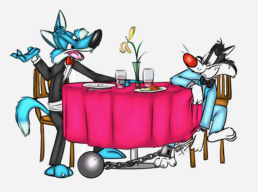 anthro ball_and_chain bow_tie canine cat duo feline flower food fork glass hi_res humor lock looney_tunes male mammal open_mouth plain_background robbie rotten_robbie suit sylvester table tobifur toony unwilling warner_brothers weaselgrease white_background wolf