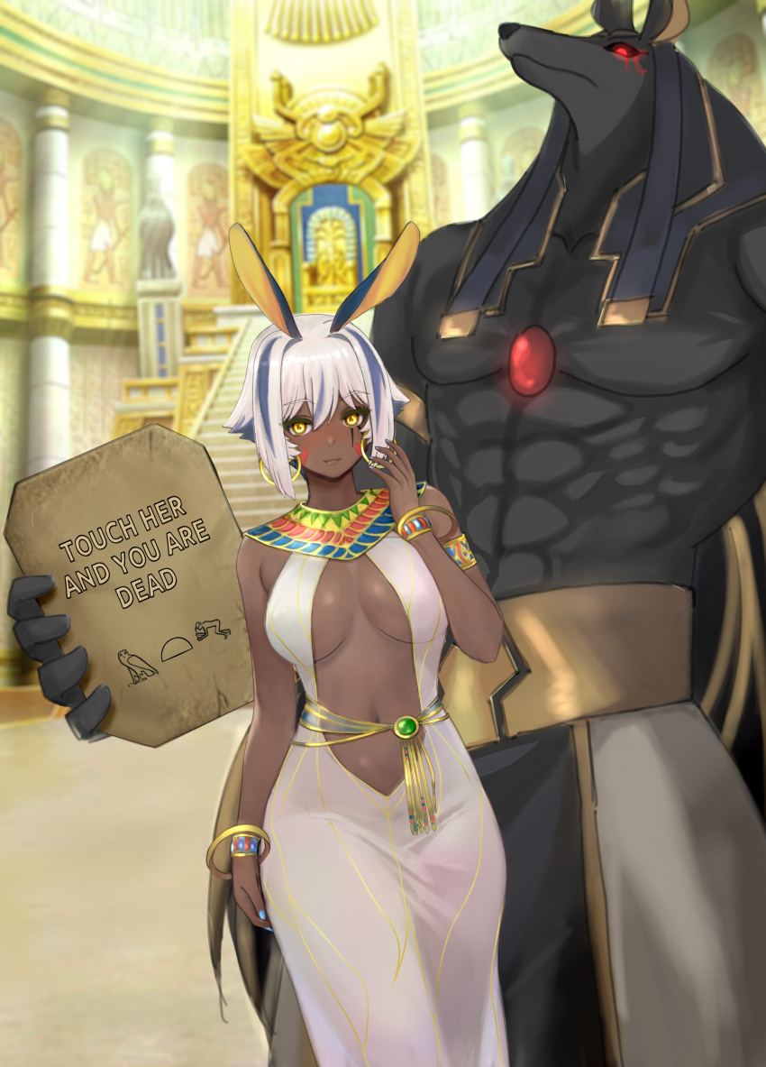 1boy 1girl absurdres animal_ears antenna_hair anubis_(mythology) armlet bare_shoulders belly_chain black_hair bracelet breasts center_opening cleavage colored_inner_hair dark-skinned_female dark_skin dress earrings egyptian facepaint facial_mark fate/grand_order fate_(series) gold_trim hairband highres hoop_earrings jackal_ears jewelry large_breasts looking_at_viewer multicolored_hair navel nitocris_(fate) nitocris_alter_(fate) raskasar see-through short_hair sidelocks streaked_hair usekh_collar white_dress white_hair yellow_eyes