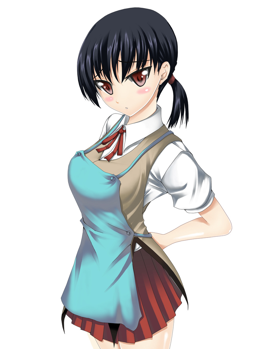 absurdres alternate_hairstyle apron black_hair blush blush_stickers highres looking_at_viewer ponytail red_eyes school_rumble school_uniform short_ponytail simadu-kazuhisa skirt solo tsukamoto_yakumo