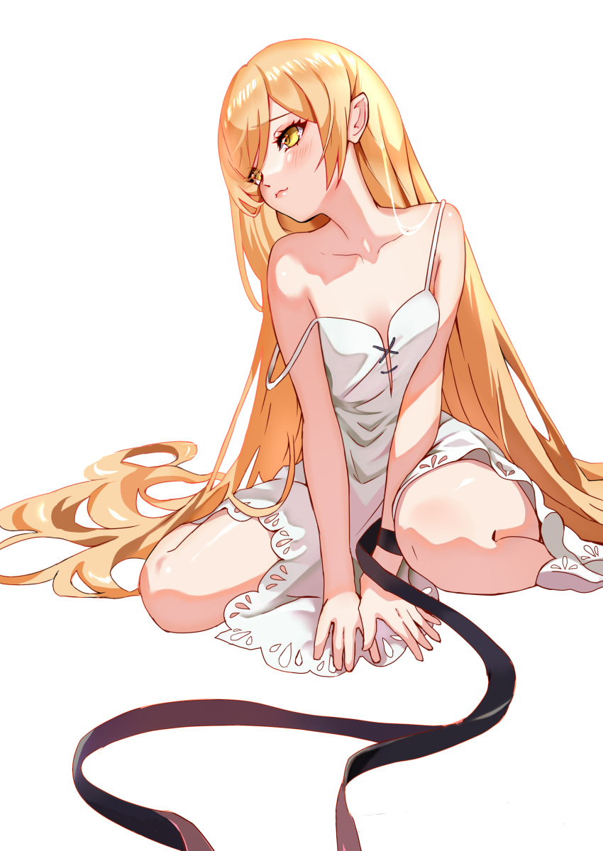 1girl absurdres apple_tea_(mellonnicola) between_legs black_ribbon blonde_hair blush breasts closed_mouth commentary_request dress hand_between_legs hand_on_floor highres kiss-shot_acerola-orion_heart-under-blade kizumonogatari light_smile long_hair looking_to_the_side monogatari_(series) oshino_shinobu pointy_ears ribbon seiza simple_background sitting sleeveless sleeveless_dress small_breasts strap_slip swept_bangs turning_head very_long_hair white_background white_dress yellow_eyes